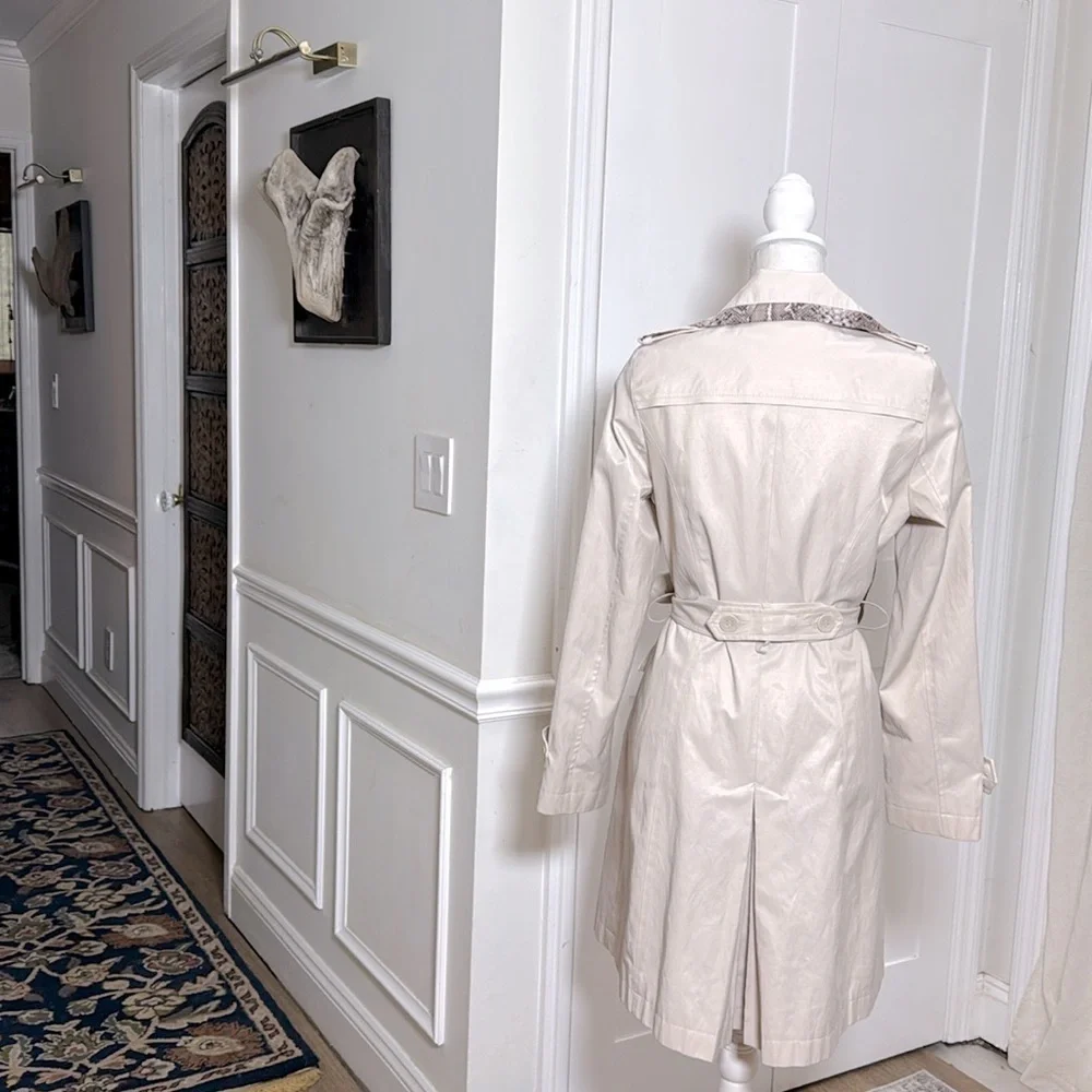 Via‎ Spiga Beige Snake Trim Double Breasted Belted Trench Coat Preppy Size S